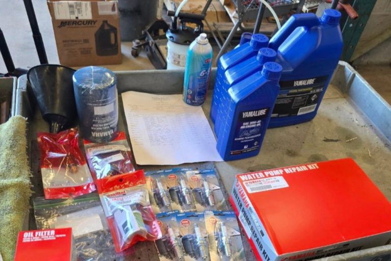Marine cleaning and service products prepared for a boat detailing appointment